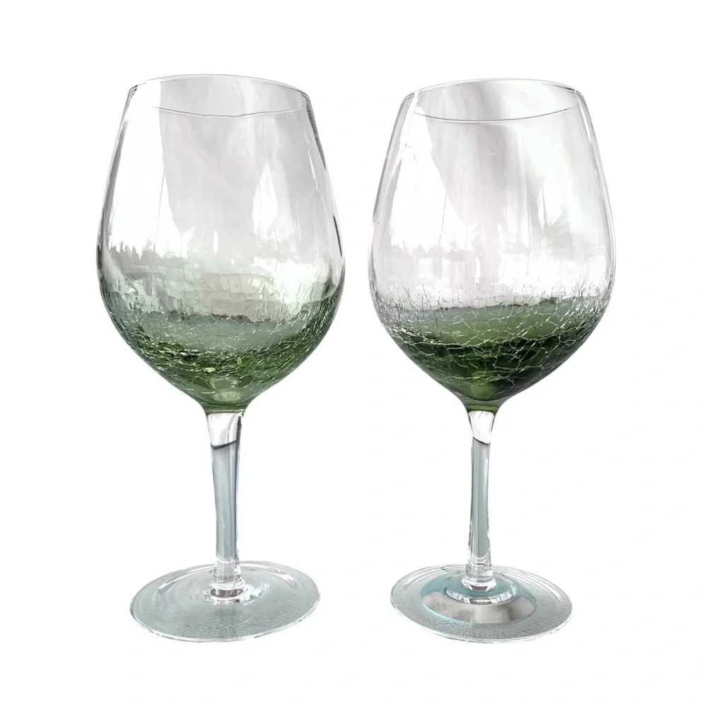 Pier 1 Green Crackle Red Wine Glasses ~ Set of 2